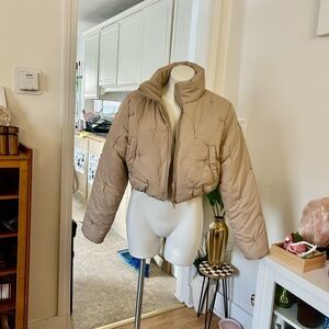Cropped Tan Puffer Jacket with Diamond Studs